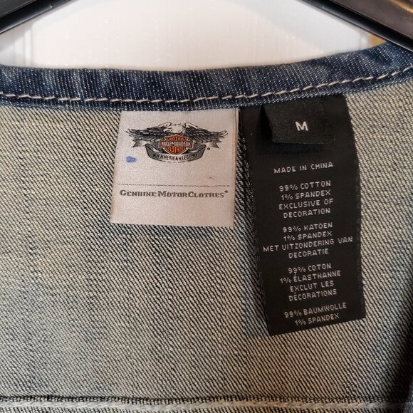 Harley-Davidson MEDIUM Rhinestone Bejeweled Blue Denim Zip Up Vest - Picture 5 of 9